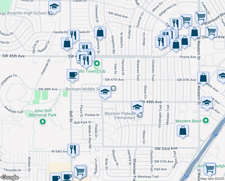 map of restaurants, bars, coffee shops, grocery stores, and more near 5600 Southwest 49th Avenue in Amarillo