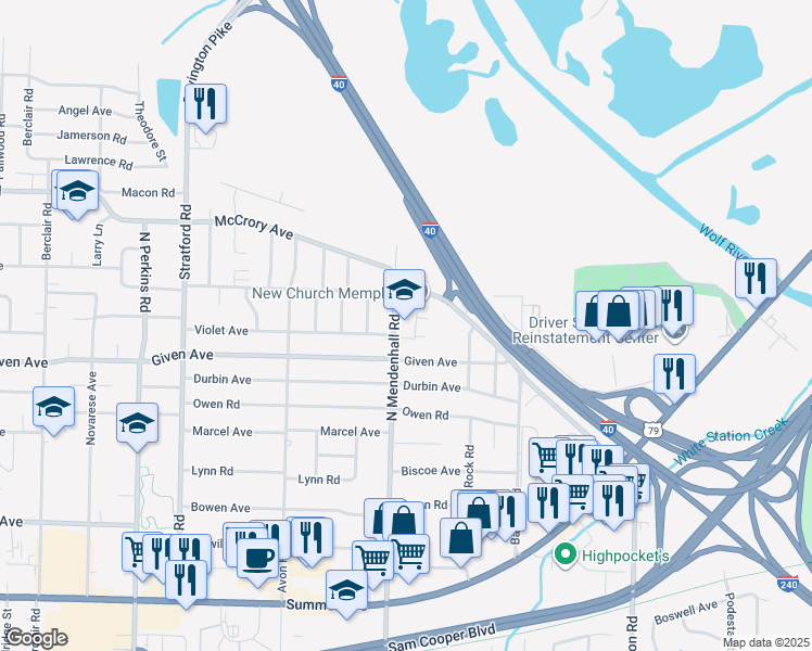 map of restaurants, bars, coffee shops, grocery stores, and more near 968 North Mendenhall Road in Memphis