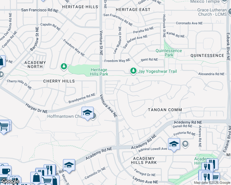 map of restaurants, bars, coffee shops, grocery stores, and more near 9209 Preston Trail Northeast in Albuquerque
