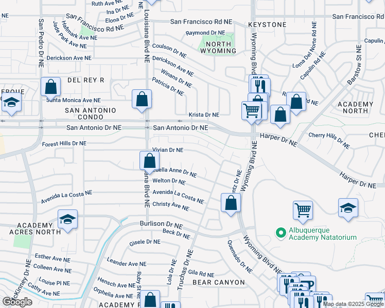 map of restaurants, bars, coffee shops, grocery stores, and more near 7225 Luella Anne Drive Northeast in Albuquerque