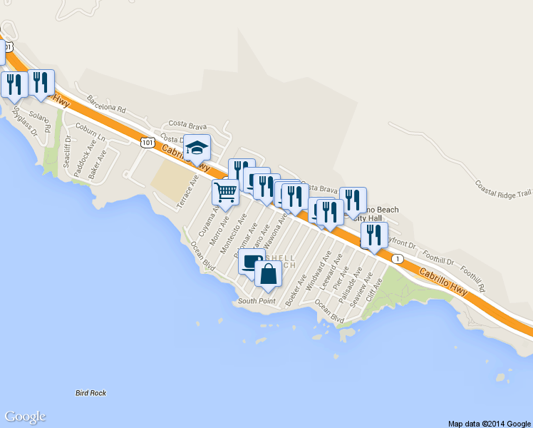 map of restaurants, bars, coffee shops, grocery stores, and more near 150 Capistrano Avenue in Pismo Beach