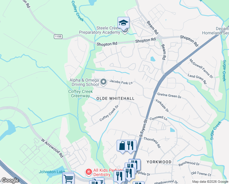 map of restaurants, bars, coffee shops, grocery stores, and more near 7240 Colley Ford Lane in Charlotte