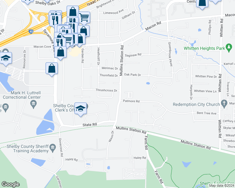 map of restaurants, bars, coffee shops, grocery stores, and more near 1187 Mullins Station Road in Memphis