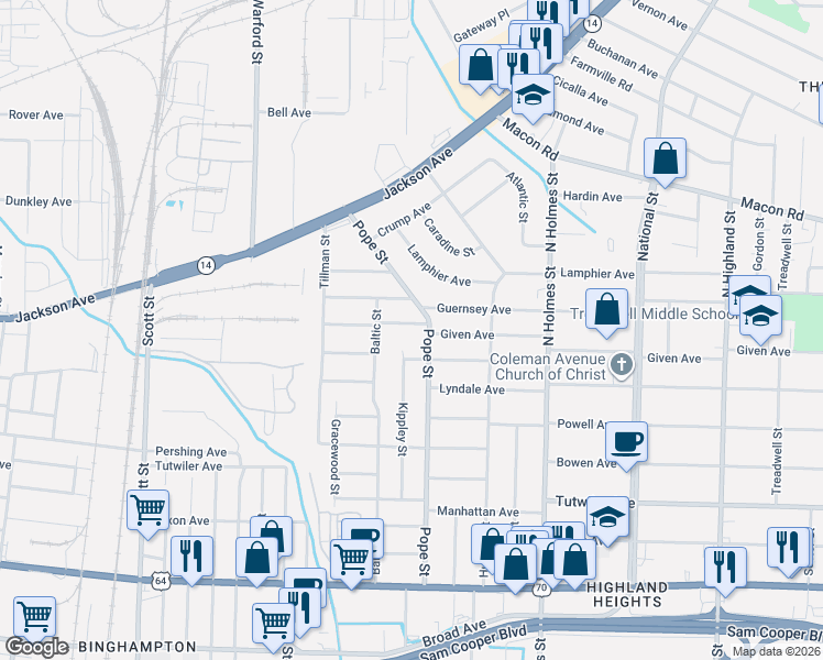map of restaurants, bars, coffee shops, grocery stores, and more near 902 Kippley Street in Memphis