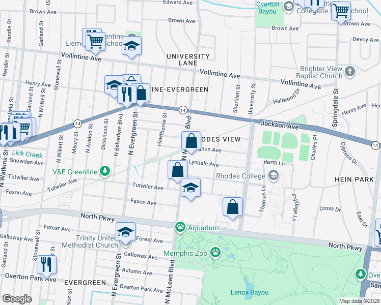 map of restaurants, bars, coffee shops, grocery stores, and more near 717 North McLean Boulevard in Memphis
