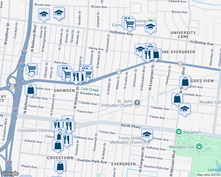 map of restaurants, bars, coffee shops, grocery stores, and more near in Memphis