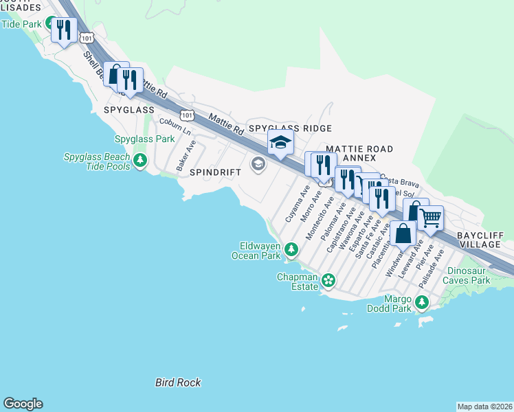 map of restaurants, bars, coffee shops, grocery stores, and more near 2101 Shoreline Drive in Pismo Beach