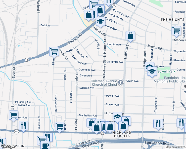 map of restaurants, bars, coffee shops, grocery stores, and more near 3232 Given Avenue in Memphis