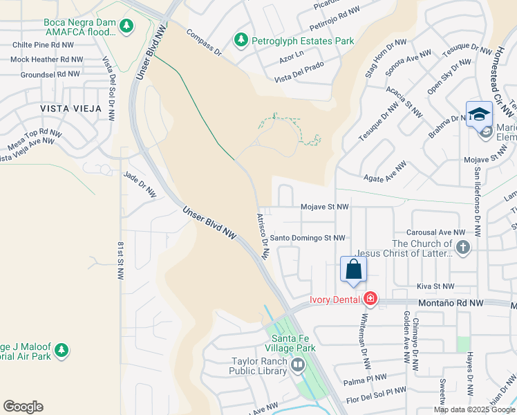 map of restaurants, bars, coffee shops, grocery stores, and more near 6498 Mojave Street Northwest in Albuquerque