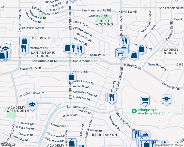 map of restaurants, bars, coffee shops, grocery stores, and more near 7225 Luella Anne Drive Northeast in Albuquerque