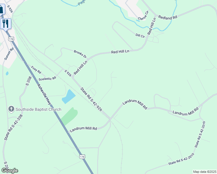 map of restaurants, bars, coffee shops, grocery stores, and more near 232 Stones Throw Drive in Landrum