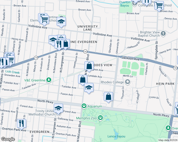 map of restaurants, bars, coffee shops, grocery stores, and more near 717 North McLean Boulevard in Memphis