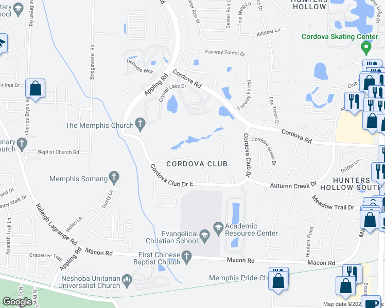 map of restaurants, bars, coffee shops, grocery stores, and more near 7552 Wintergreen Lane in Shelby County