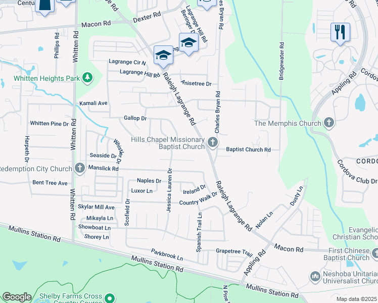 map of restaurants, bars, coffee shops, grocery stores, and more near 7063 Brady Hill Drive in Shelby County