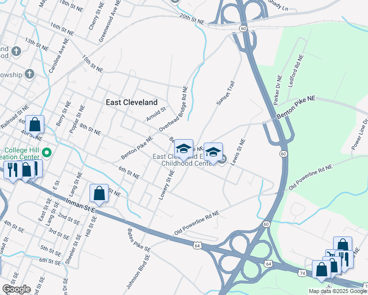 map of restaurants, bars, coffee shops, grocery stores, and more near Benton Pike Northeast in Cleveland