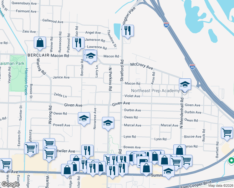 map of restaurants, bars, coffee shops, grocery stores, and more near 948 North Perkins Road in Memphis