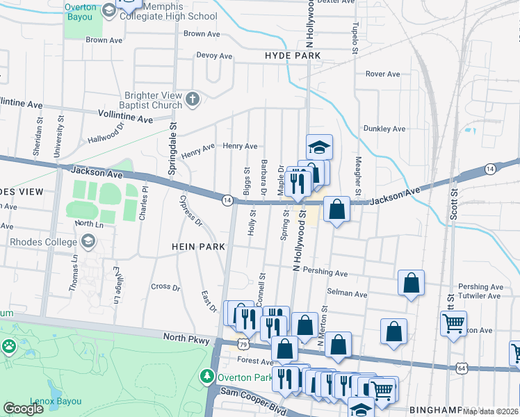 map of restaurants, bars, coffee shops, grocery stores, and more near 780 Holly Street in Memphis