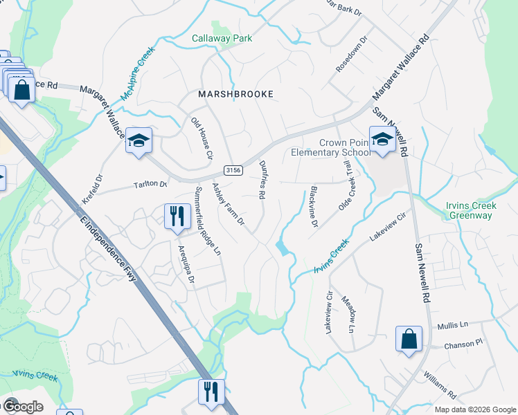 map of restaurants, bars, coffee shops, grocery stores, and more near 10000 Dunfries Road in Matthews