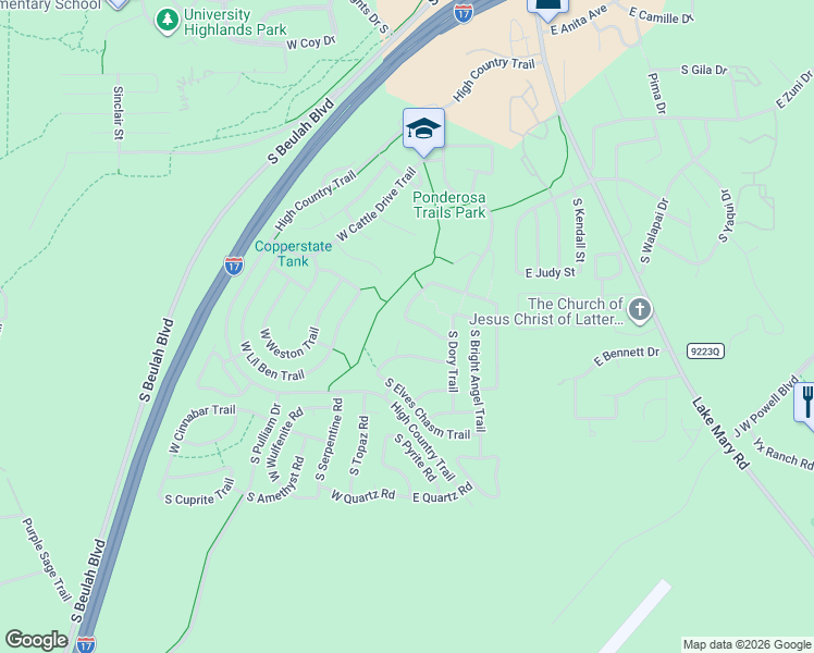 map of restaurants, bars, coffee shops, grocery stores, and more near 4613 South Bedrock Trail in Flagstaff