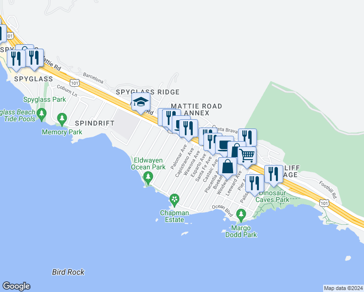 map of restaurants, bars, coffee shops, grocery stores, and more near 118 Palomar Avenue in Pismo Beach