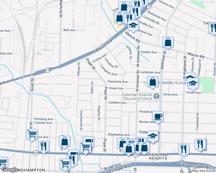 map of restaurants, bars, coffee shops, grocery stores, and more near 3176 Coleman Avenue in Memphis