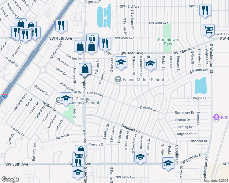 map of restaurants, bars, coffee shops, grocery stores, and more near 4712 South Milam Street in Amarillo