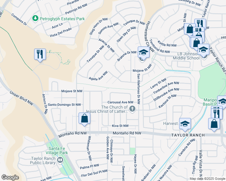 map of restaurants, bars, coffee shops, grocery stores, and more near 6124 Thunderbird Circle Northwest in Albuquerque