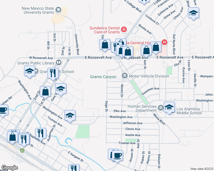 map of restaurants, bars, coffee shops, grocery stores, and more near 608 Inwood Avenue in Grants