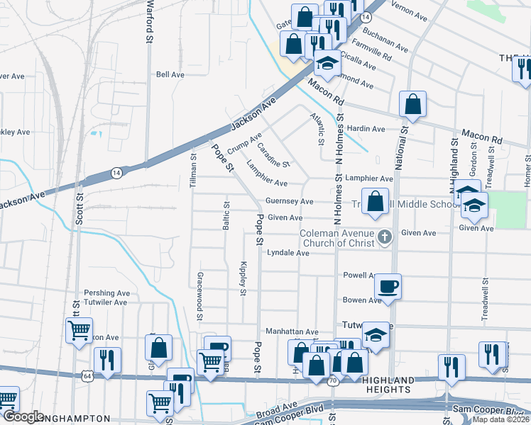 map of restaurants, bars, coffee shops, grocery stores, and more near 3176 Coleman Avenue in Memphis
