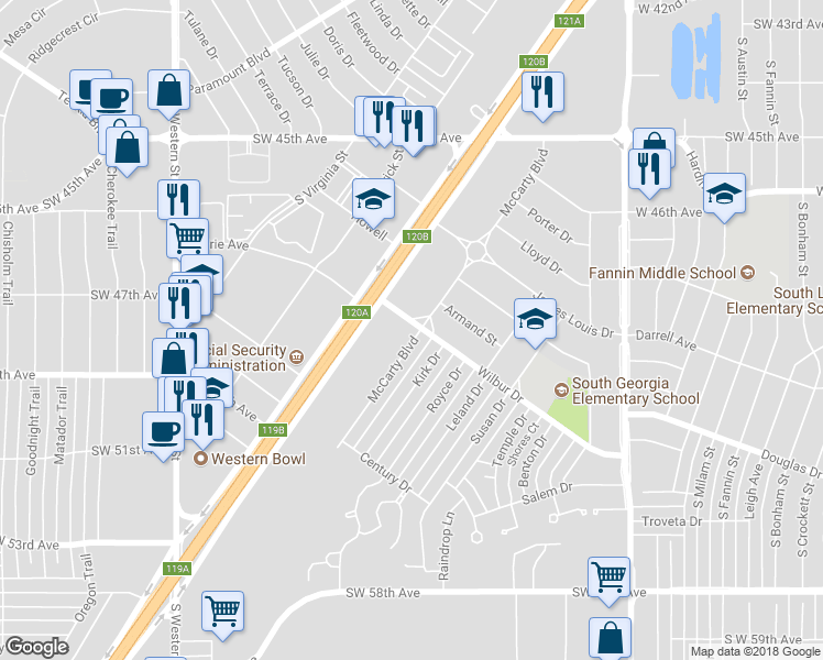 map of restaurants, bars, coffee shops, grocery stores, and more near 5100 McCarty Boulevard in Amarillo
