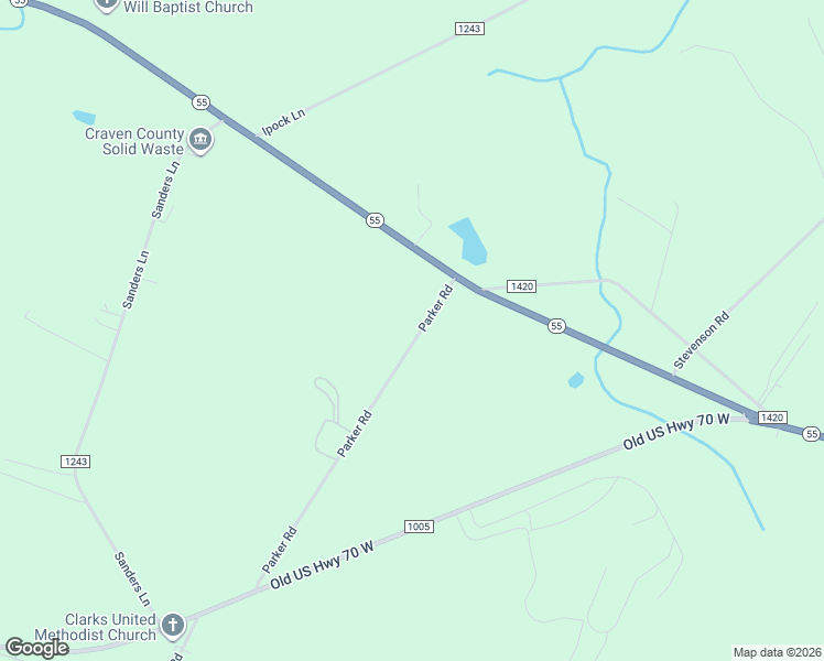 map of restaurants, bars, coffee shops, grocery stores, and more near 384-490 Parker Road in New Bern