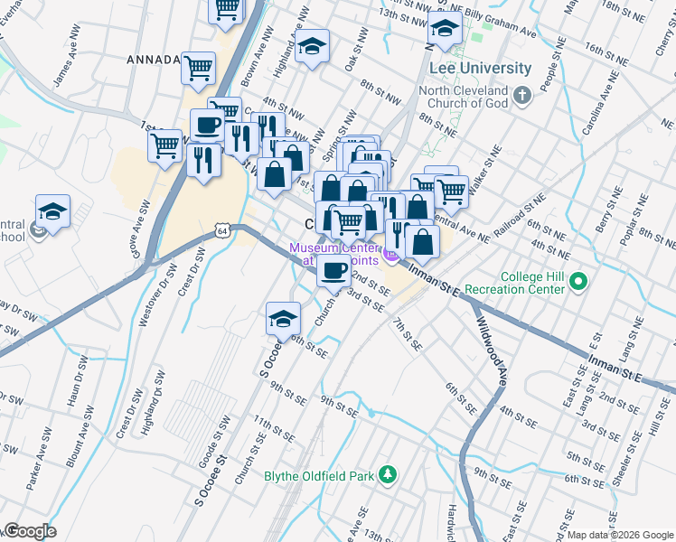map of restaurants, bars, coffee shops, grocery stores, and more near 84 2nd Street Southeast in Cleveland