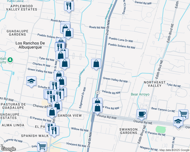 map of restaurants, bars, coffee shops, grocery stores, and more near 204 Green Valley Road Northwest in Los Ranchos de Albuquerque