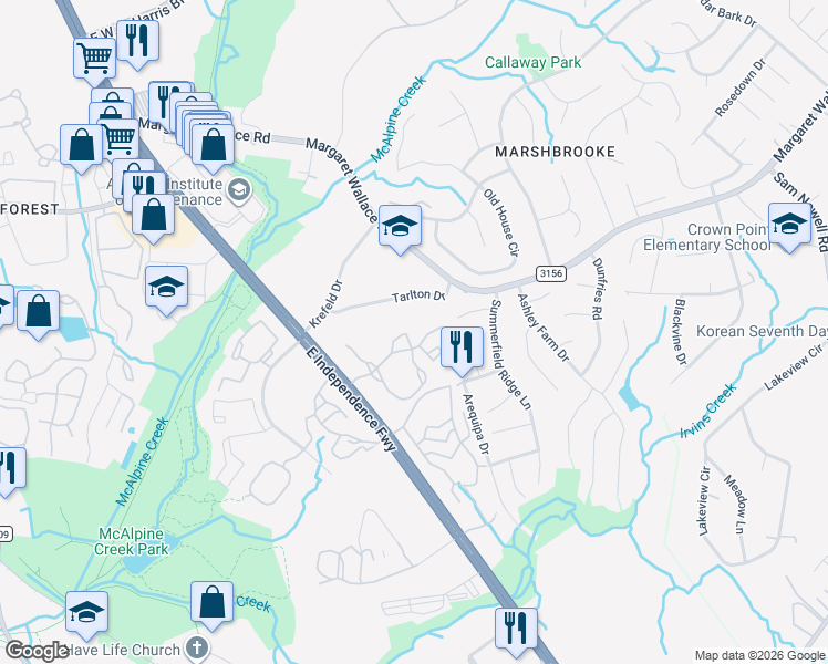 map of restaurants, bars, coffee shops, grocery stores, and more near 8102 Woodway Oak Circle in Matthews