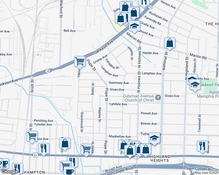 map of restaurants, bars, coffee shops, grocery stores, and more near 3176 Coleman Avenue in Memphis