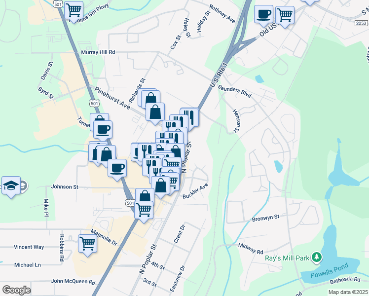 map of restaurants, bars, coffee shops, grocery stores, and more near 1715 Us 1 Highway South in Southern Pines