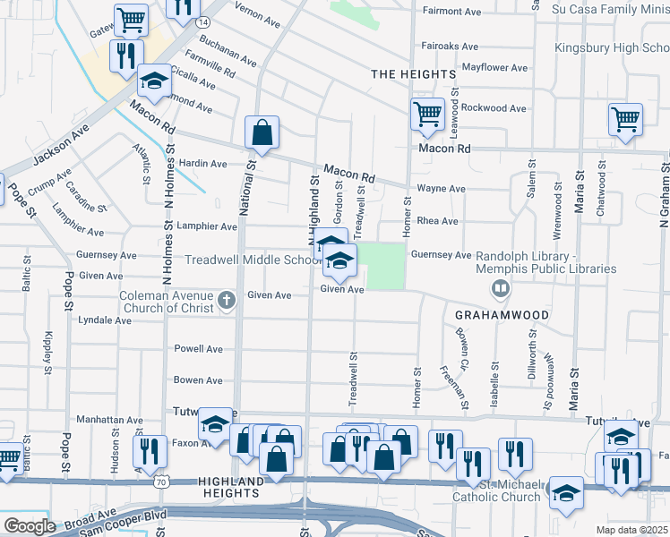 map of restaurants, bars, coffee shops, grocery stores, and more near 920 North Highland Street in Memphis