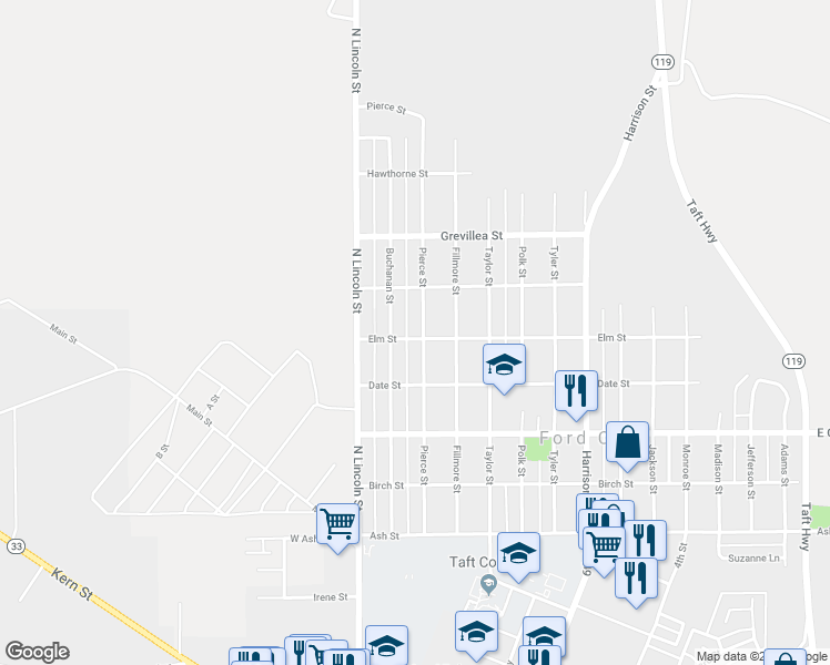 map of restaurants, bars, coffee shops, grocery stores, and more near 501 Pierce Street in Taft