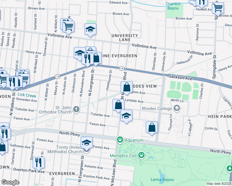 map of restaurants, bars, coffee shops, grocery stores, and more near 1815 Lyndale Avenue in Memphis