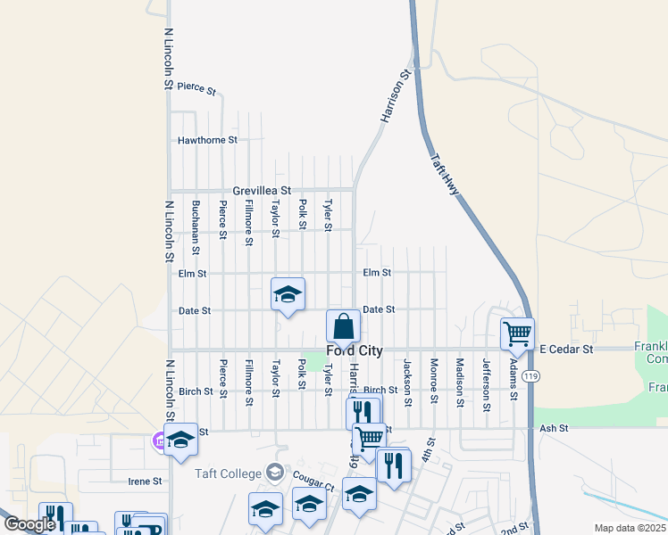 map of restaurants, bars, coffee shops, grocery stores, and more near 500 Tyler Street in Taft
