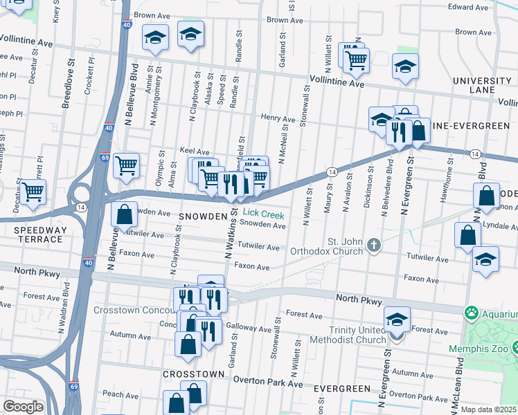 map of restaurants, bars, coffee shops, grocery stores, and more near 1441 Lyndale Avenue in Memphis