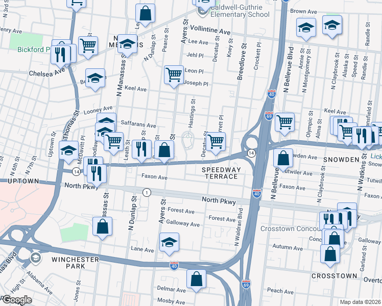 map of restaurants, bars, coffee shops, grocery stores, and more near 708 Hastings Circle West in Memphis