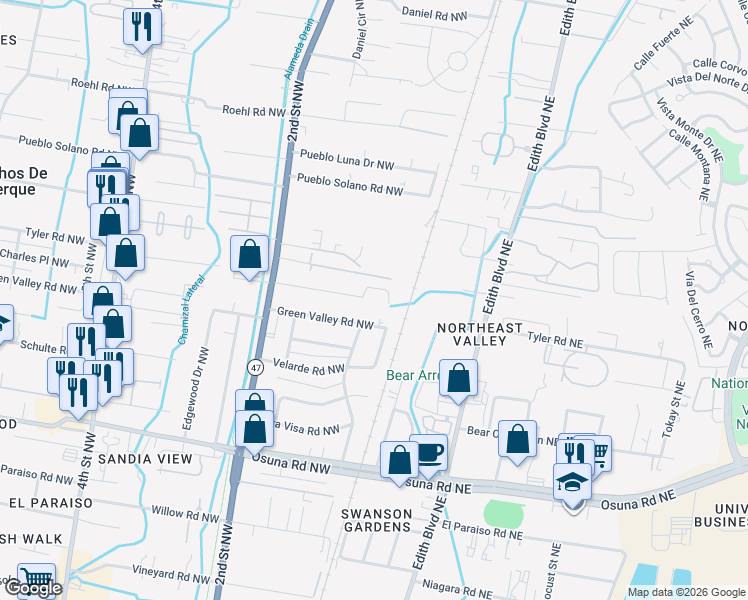 map of restaurants, bars, coffee shops, grocery stores, and more near 102 Tyler Road Northwest in Albuquerque