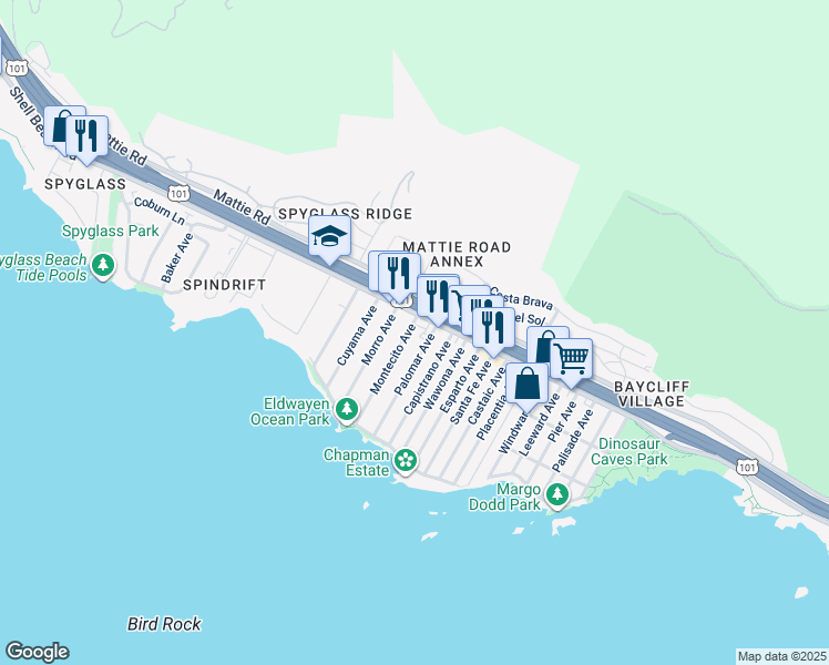 map of restaurants, bars, coffee shops, grocery stores, and more near 1651 Shell Beach Road in Pismo Beach