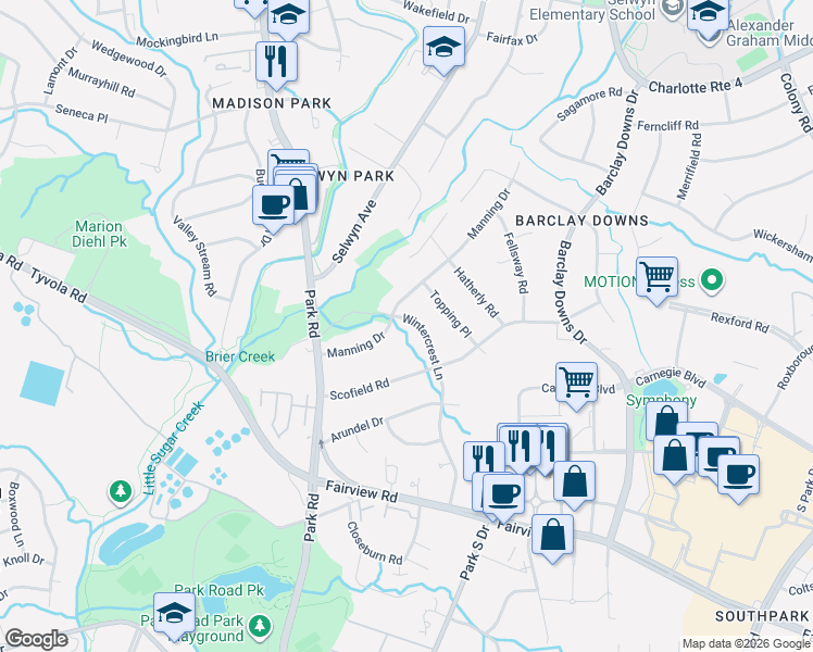 map of restaurants, bars, coffee shops, grocery stores, and more near 313 Manning Drive in Charlotte