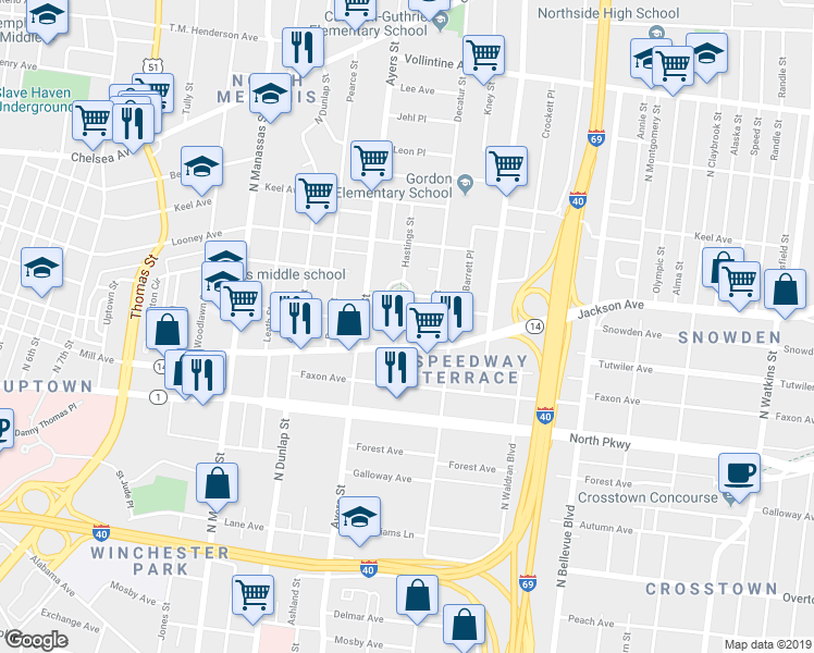 map of restaurants, bars, coffee shops, grocery stores, and more near 708 Hastings Circle West in Memphis