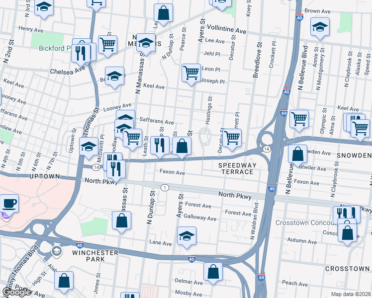 map of restaurants, bars, coffee shops, grocery stores, and more near 669 Ayers Street in Memphis