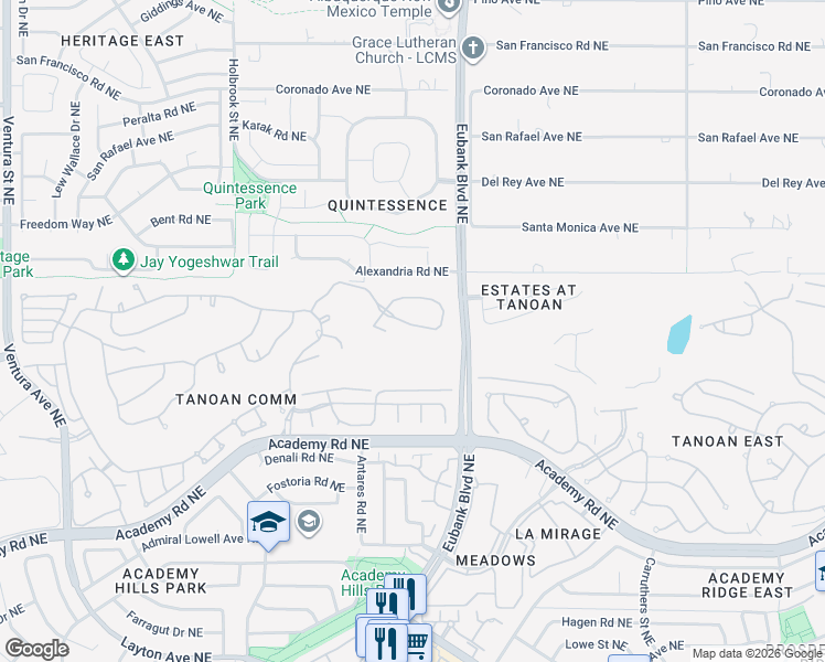 map of restaurants, bars, coffee shops, grocery stores, and more near 10157 Masters Drive Northeast in Albuquerque