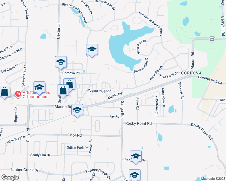 map of restaurants, bars, coffee shops, grocery stores, and more near 8699 Rogers Park Avenue in Memphis