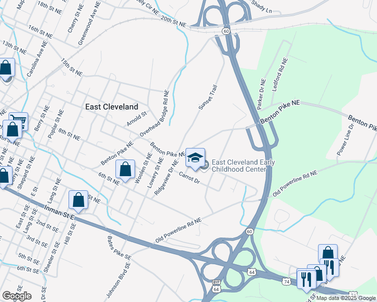 map of restaurants, bars, coffee shops, grocery stores, and more near Benton Pike Northeast in Cleveland